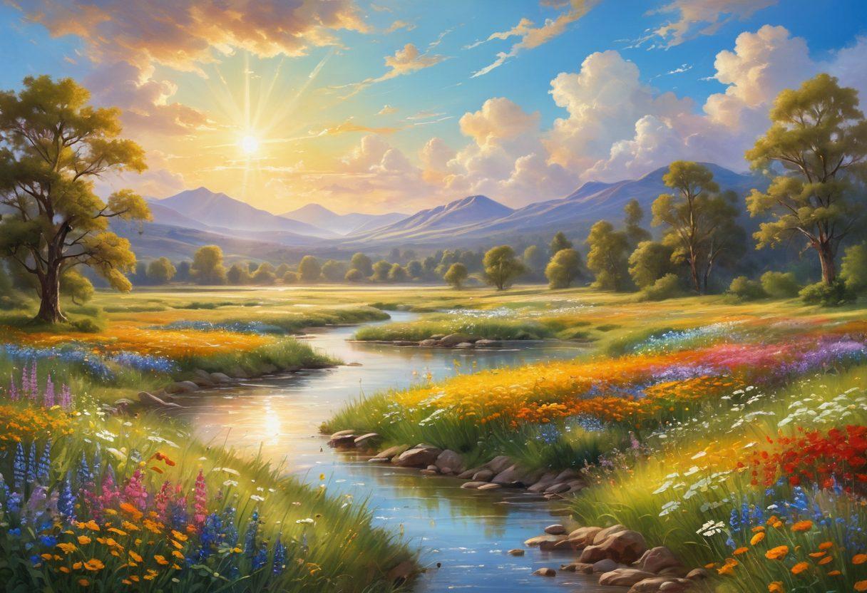 A serene landscape featuring a sunlit meadow filled with vibrant wildflowers, where a diverse group of people are joyfully engaged in various uplifting activities like yoga, painting, and laughter. In the background, a gentle river flows under a bright blue sky dotted with fluffy white clouds, symbolizing harmony and happiness. A large radiant sun casts a warm glow over the scene, emphasizing the theme of joy and well-being. super-realistic. vibrant colors. soft focus.
