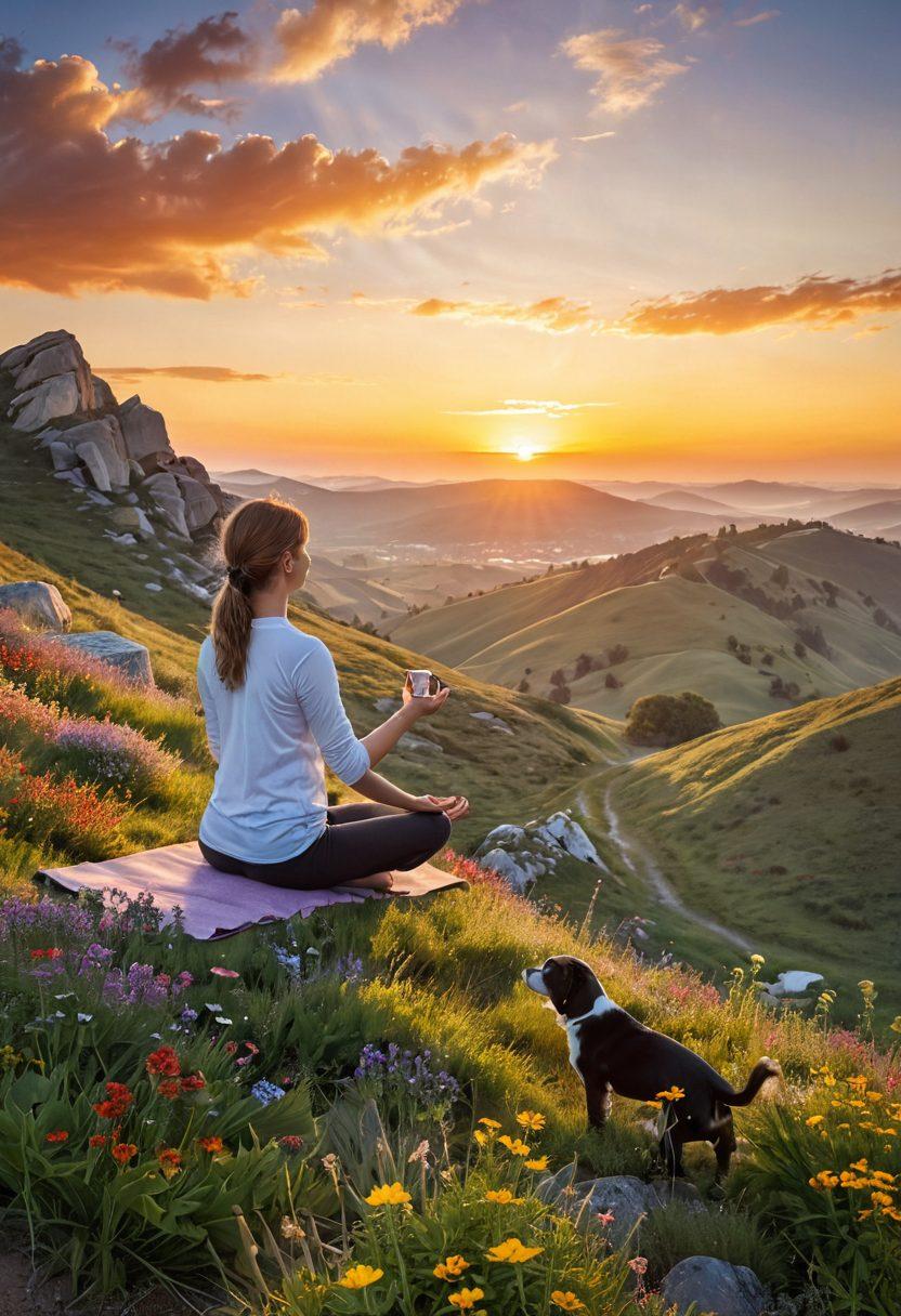 A serene morning scene with a person practicing yoga on a hillside, surrounded by vibrant wildflowers and a gentle sunrise illuminating the sky. Include elements of meditation, a cup of herbal tea nearby, and a playful puppy, symbolizing joy and well-being. Capture the essence of tranquility and happiness. super-realistic. vibrant colors. natural light.