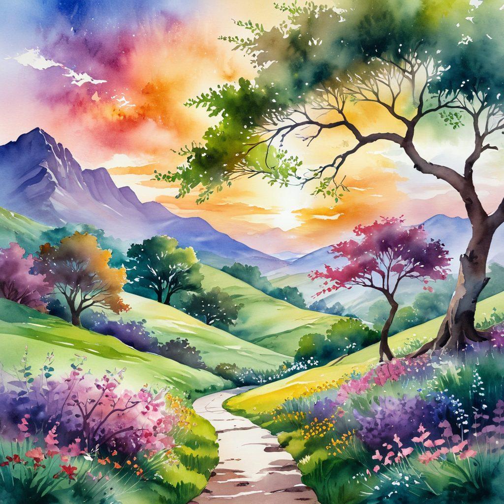 A serene landscape illustrating personal growth, featuring a vibrant sunrise over a lush green valley. Include a winding path leading to a figure meditating under a blossoming tree, surrounded by colorful flowers symbolizing emotional health. Soft light must portray a sense of blissful happiness. watercolor painting. vibrant colors.